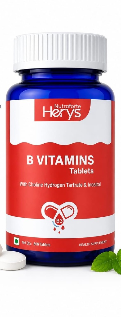 Herys Nutrafort Vitamin B-Complex Tablets - 100% RDA for B Vitamins with B1, B2, B3, B5, B6 & Vitamin B12 | Vitamin B Complex Supplements for Women & Men - 60 Vegetarian Tablets