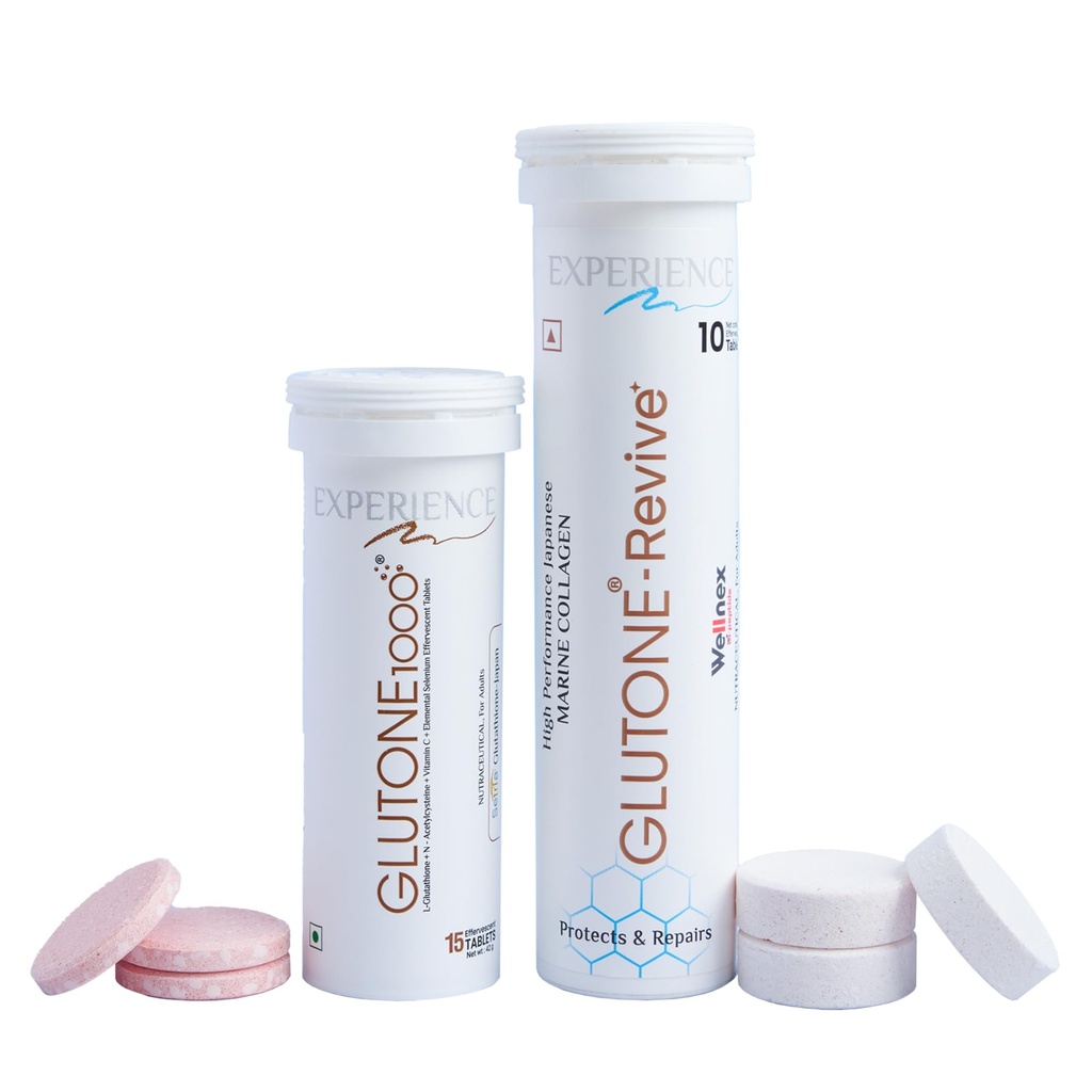 Glutone 1000 + Glutone-Revive| Youthful Skin Supplement for Men & Women| Setria L-Glutathione & Wellnex Di-Peptide Marine Collagen| Promotes Skin Glow & Elasticity| Fight Fine Lines & Wrinkles | (Combo Pack)