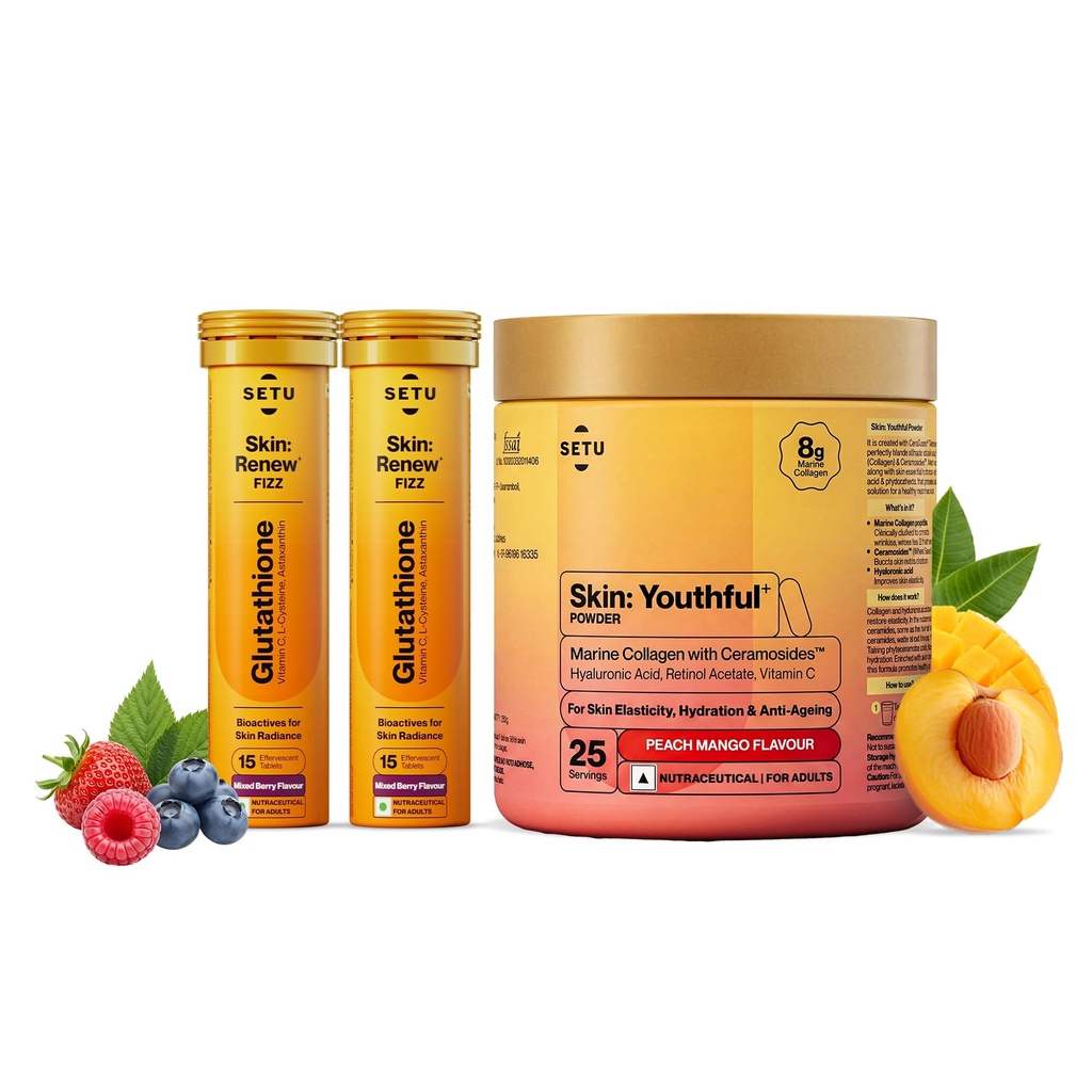 Setu Skin Renew Glutathione Fizz for Skin Glow (Mixed Berry, 30 Tablets) & Brightness with Skin Youthful Marine Collagen Powder (Peach Mango,250 g) | Fight Fine Lines & Wrinkles | Powered by Master Antioxidant Glutathione | Promotes Radiant Skin | Skin Supplements for Women & Men (Combo Pack)