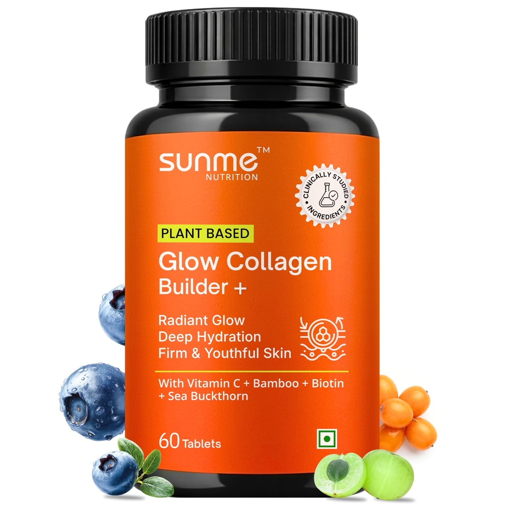 SUNME Veg Glow Collagen Builder | Glowing Skin, Hydration & Anti-Aging Support | Amla, Sea Buckthorn, Grape Seed | Plant-Based Skin Hair Nails Supplement for Men & Women | 90 Tablets (270 Tablets (Pack of 3), Results Pack)