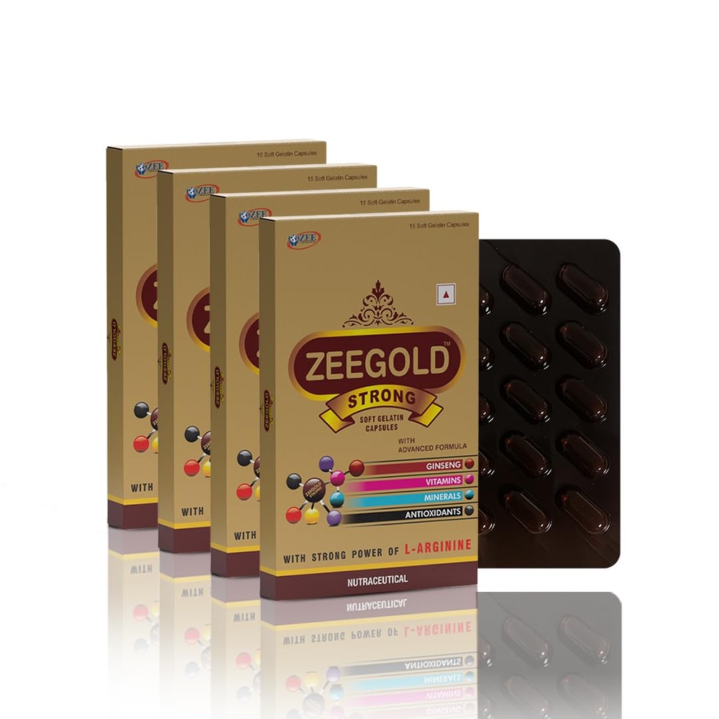 Zeegold Strong Soft Gelatin Capsules – Nutraceutical Multivitamin with Ginseng, L-Arginine, Vitamins, Minerals & Antioxidants (15 Capsule Each) - Pack of 04