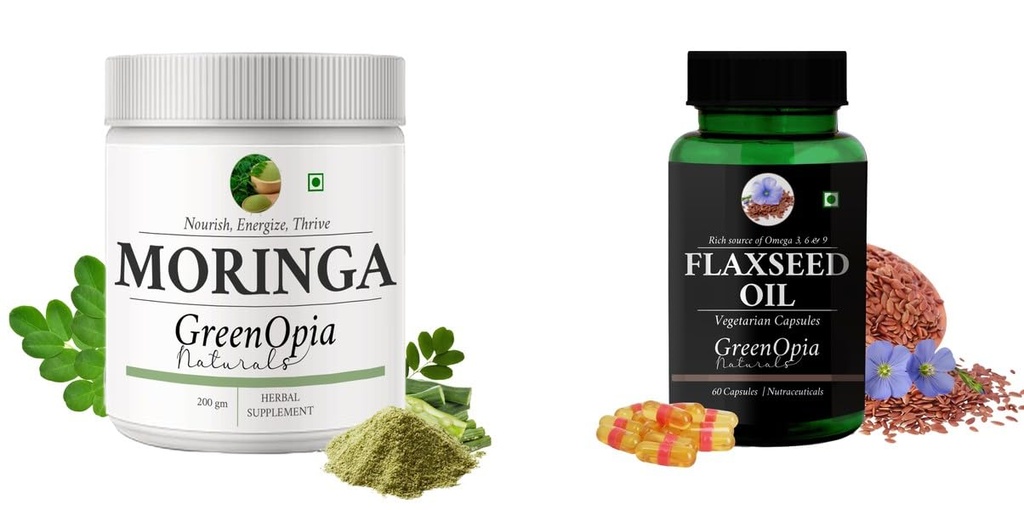 Moringa-oleifera-powder, Flax-seed-oil-vegetarian-capsules Combo | Convenient Nutrition & Wellness Routine | Multi-Product Pack