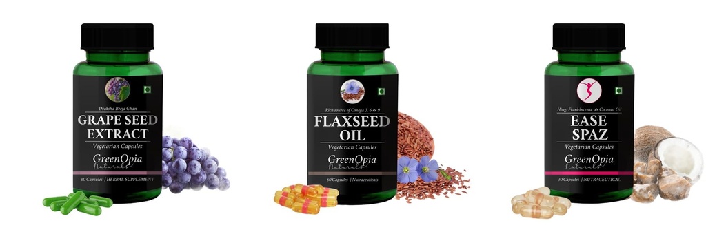 Grape-seed-extract-60-vegetarian-capsules, Flax-seed-oil-vegetarian-capsules, Ease-spaz-vegetarian-capsules Combo | Convenient Nutrition & Wellness Routine | Multi-Product P