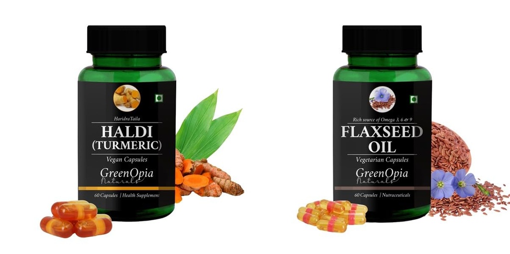 Haldi-oil-vegetarian-capsules, Flax-seed-oil-vegetarian-capsules Combo | Convenient Nutrition & Wellness Routine | Multi-Product Pack