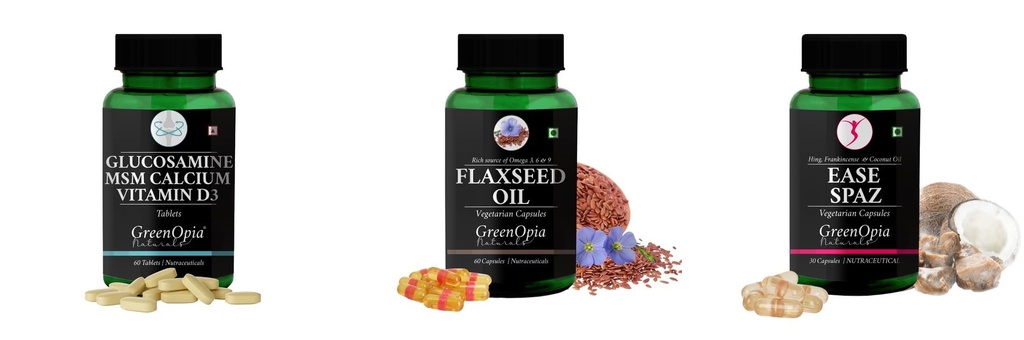 Glucosamine-msm-tablets, Flax-seed-oil-vegetarian-capsules, Ease-spaz-vegetarian-capsules Combo | Convenient Nutrition & Wellness Routine | Multi-Product Pack