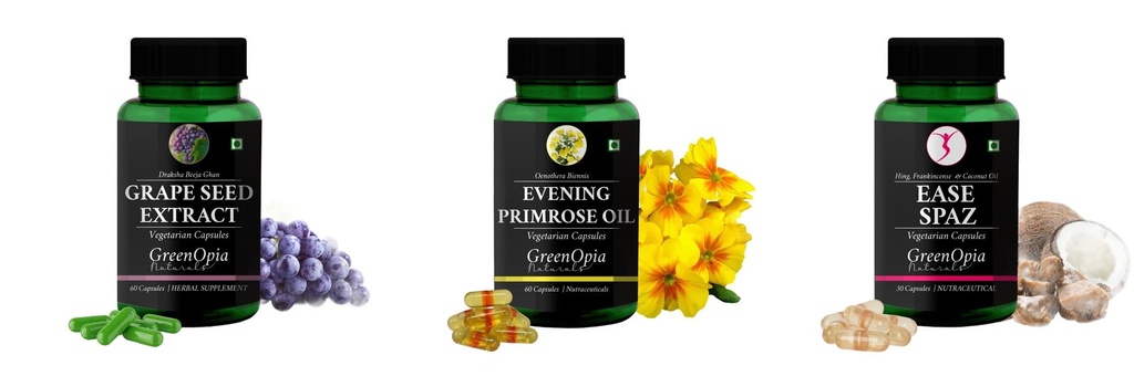 Grape-seed-extract-60-vegetarian-capsules, Evening-primrose-oil-vegetarian-capsules, Ease-spaz-vegetarian-capsules Combo | Convenient Nutrition & Wellness Routine | Multi-Pr
