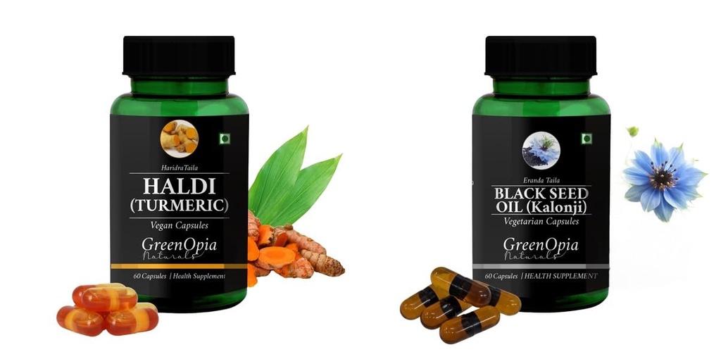 Haldi-oil-vegetarian-capsules, Black-seed-oil-capsules Combo | Convenient Nutrition & Wellness Routine | Multi-Product Pack