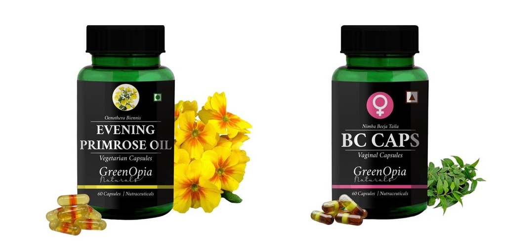 Evening-primrose-oil-vegetarian-capsules, Bc-caps-vaginal-capsules Combo | Convenient Nutrition & Wellness Routine | Multi-Product Pack