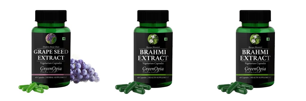 Grape-seed-extract-60-vegetarian-capsules, Brahmi-vegetarian-capsules, Brahmi-vegetarian-capsules Combo | Convenient Nutrition & Wellness Routine | Multi-Product Pack