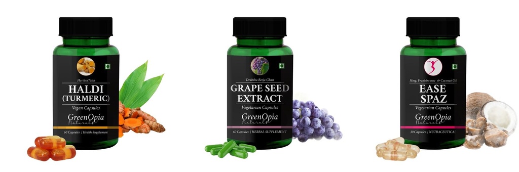 Haldi-oil-vegetarian-capsules, Grape-seed-extract-60-vegetarian-capsules, Ease-spaz-vegetarian-capsules Combo | Convenient Nutrition & Wellness Routine | Multi-Product Pack
