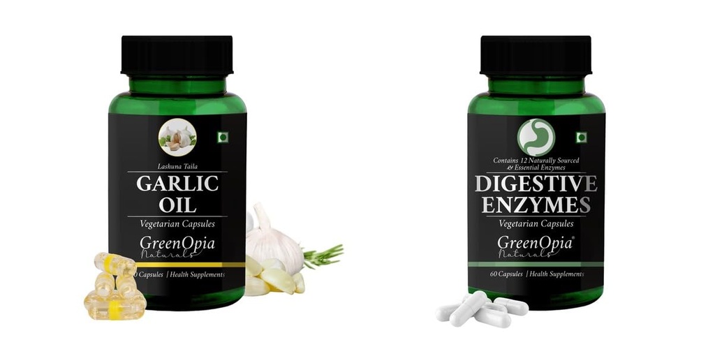 Garlic-oil-vegetarian-capsules, Digestive-enzymes-60-vegetarian-capsules Combo | Convenient Nutrition & Wellness Routine | Multi-Product Pack