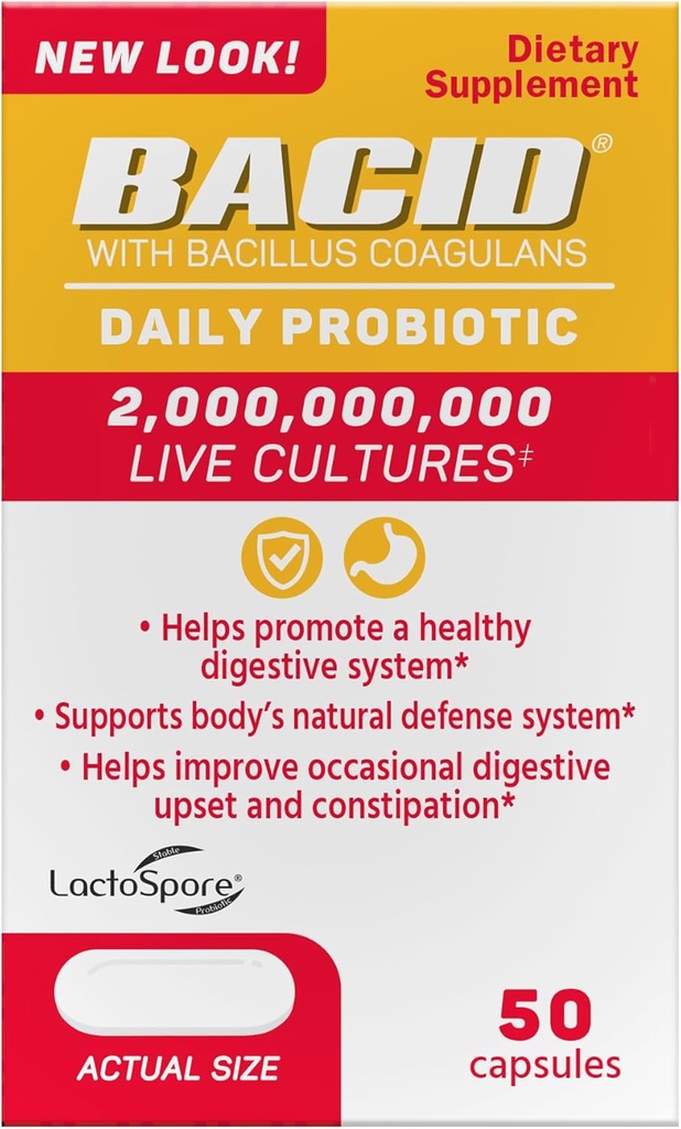 Bacid Daily Probiotic עם Bacillus Coagulans, 50 Count, Digest תוספת כדי לשפר את ההסכמה Occasional