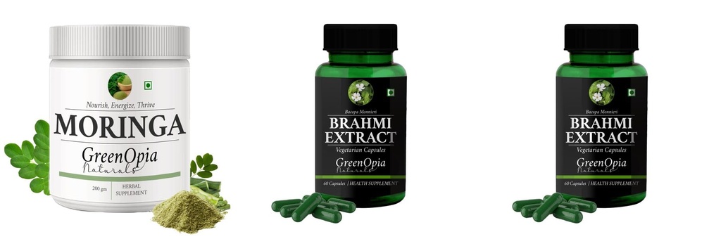 Moringa-oleifera-powder, Brahmi-vegetarian-capsules, Brahmi-vegetarian-capsules Combo | Convenient Nutrition & Wellness Routine | Multi-Product Pack