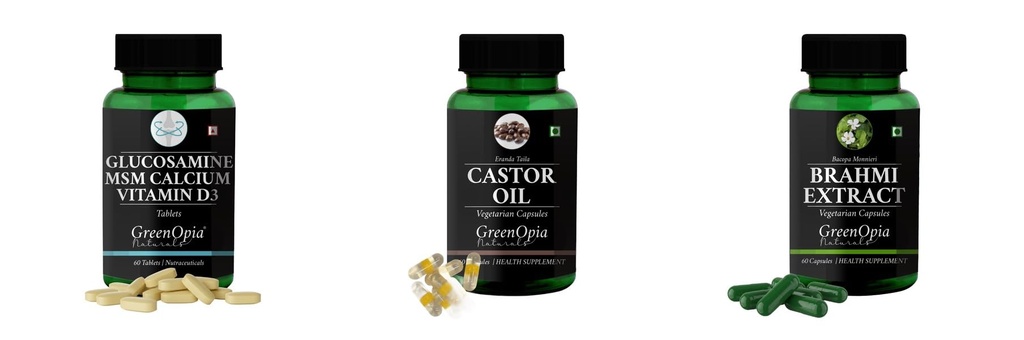 Glucosamine-msm-tablets, Castor-oil-vegetarian-capsules, Brahmi-vegetarian-capsules Combo | Convenient Nutrition & Wellness Routine | Multi-Product Pack