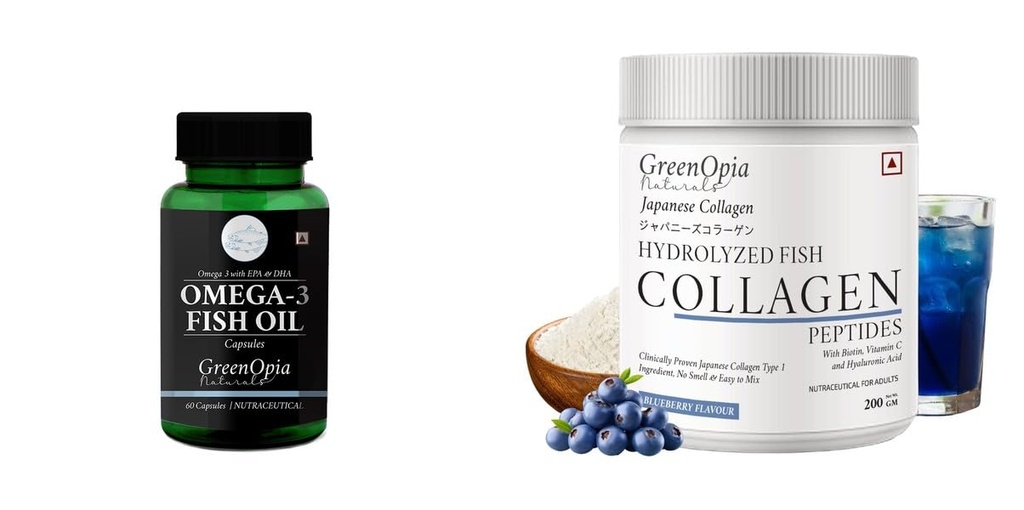 Fish-oil-capsules, Marine-collagen-peptides-powder-blueberry Combo | Convenient Nutrition & Wellness Routine | Multi-Product Pack