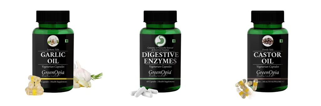 Garlic-oil-vegetarian-capsules, Digestive-enzymes-60-vegetarian-capsules, Castor-oil-vegetarian-capsules Combo | Convenient Nutrition & Wellness Routine | Multi-Product Pack