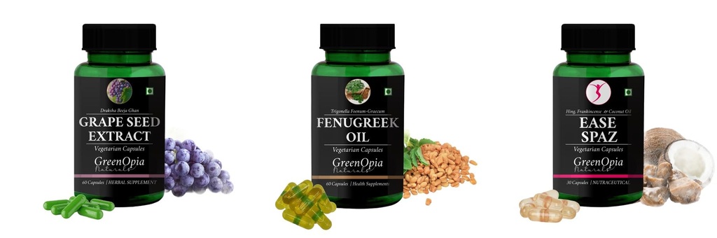 Grape-seed-extract-60-vegetarian-capsules, Fenugreek-oil-vegetarian-capsules, Ease-spaz-vegetarian-capsules Combo | Convenient Nutrition & Wellness Routine | Multi-Product P