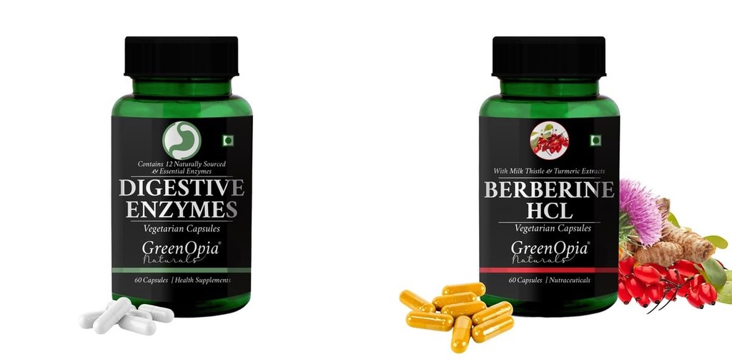 Digestive-enzymes-60-vegetarian-capsules, Berberine-hcl-vegetarian-capsules Combo | Convenient Nutrition & Wellness Routine | Multi-Product Pack