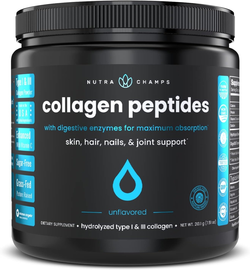 Collageen Peptides Powder - Enhanced Absorptie, Double Hydrolyzed, Grass Fed, Keto Proteine Powder met Vitamine C - Premium Supplement voor haargroei, huid, nagels, gewrichten & Bones, Unflavored