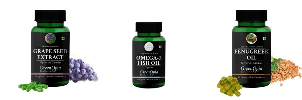 Grape-seed-extract-60-vegetarian-capsules, Fish-oil-capsules, Fenugreek-oil-vegetarian-capsules Combo | Convenient Nutrition & Wellness Routine | Multi-Product Pack