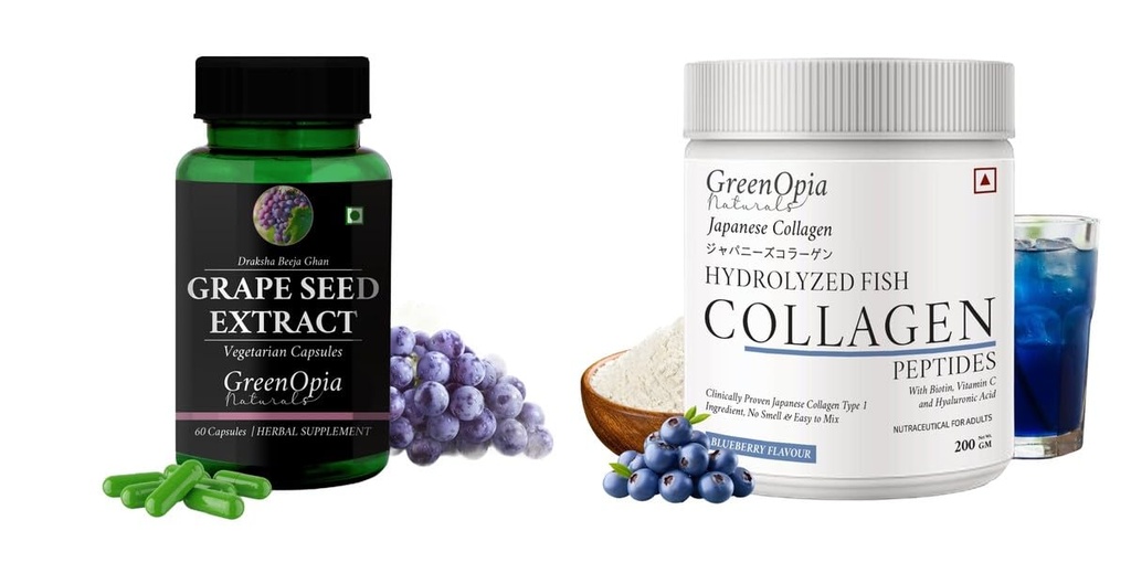 Grape-seed-extract-60-vegetarian-capsules, Marine-collagen-peptides-powder-blueberry Combo | Convenient Nutrition & Wellness Routine | Multi-Product Pack