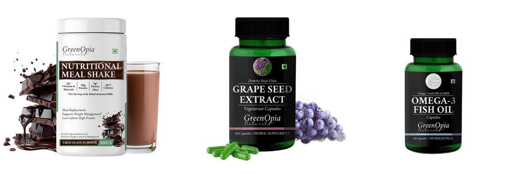 Nutritional-meal-shake-chocolate, Grape-seed-extract-60-vegetarian-capsules, Fish-oil-capsules Combo | Convenient Nutrition & Wellness Routine | Multi-Product Pack