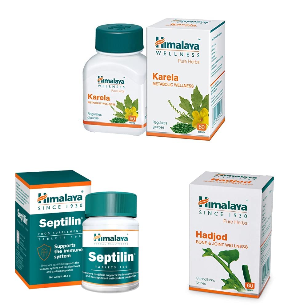 Himalaya Himalaya Wellness Pure Herbs Karela Metabolic Wellness - 60 Tablets & Septilin Tablets - 60 Tablets & Wellness Pure Herbs Hadjod Bone & Joint Wellness - 60 Tablet