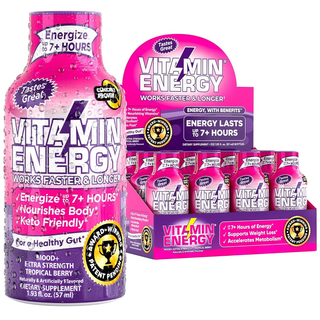 Vitamin Energy Mood+ Energy Shot – Tropical Berry – 100% DV B-Vitamins & 260mg Caffeina Basata sulle piante – Calorie Zero, Zucchero-Free, Vegan, Non-GMO – Mood & Energy Support – 1.93 fl oz, 12-Pack