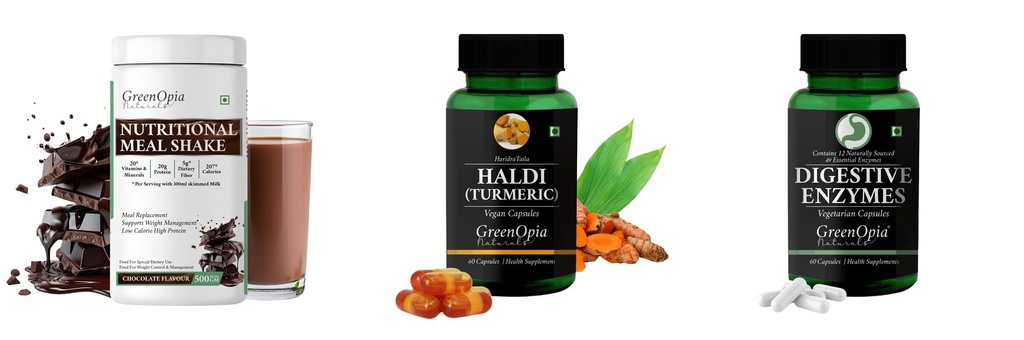 Nutritional-meal-shake-chocolate, Haldi-oil-vegetarian-capsules, Digestive-enzymes-60-vegetarian-capsules Combo | Convenient Nutrition & Wellness Routine | Multi-Product Pac