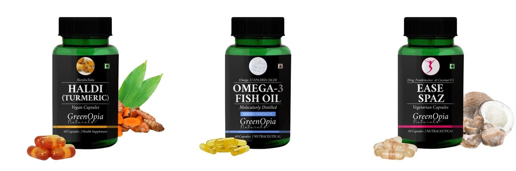 Haldi-oil-vegetarian-capsules, Fish-oil-double-strength, Ease-spaz-vegetarian-capsules Combo | Convenient Nutrition & Wellness Routine | Multi-Product Pack