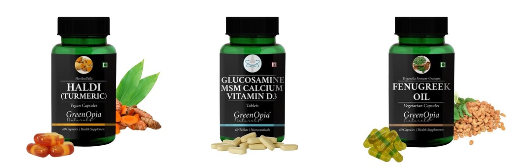 Haldi-oil-vegetarian-capsules, Glucosamine-msm-tablets, Fenugreek-oil-vegetarian-capsules Combo | Convenient Nutrition & Wellness Routine | Multi-Product Pack