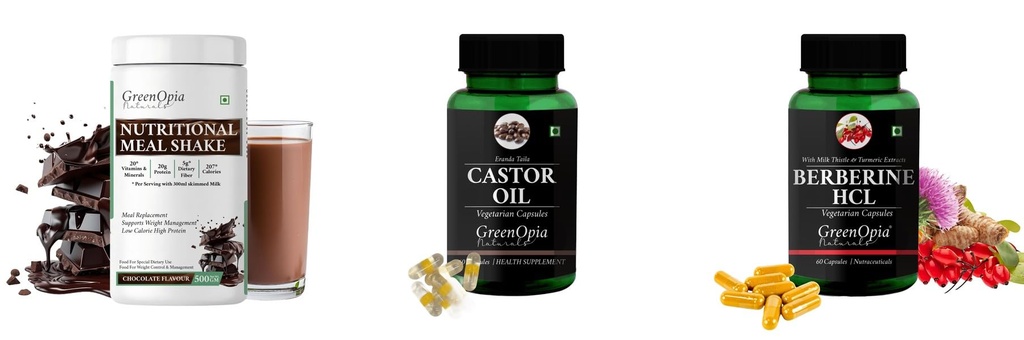 Nutritional-meal-shake-chocolate, Castor-oil-vegetarian-capsules, Berberine-hcl-vegetarian-capsules Combo | Convenient Nutrition & Wellness Routine | Multi-Product Pack