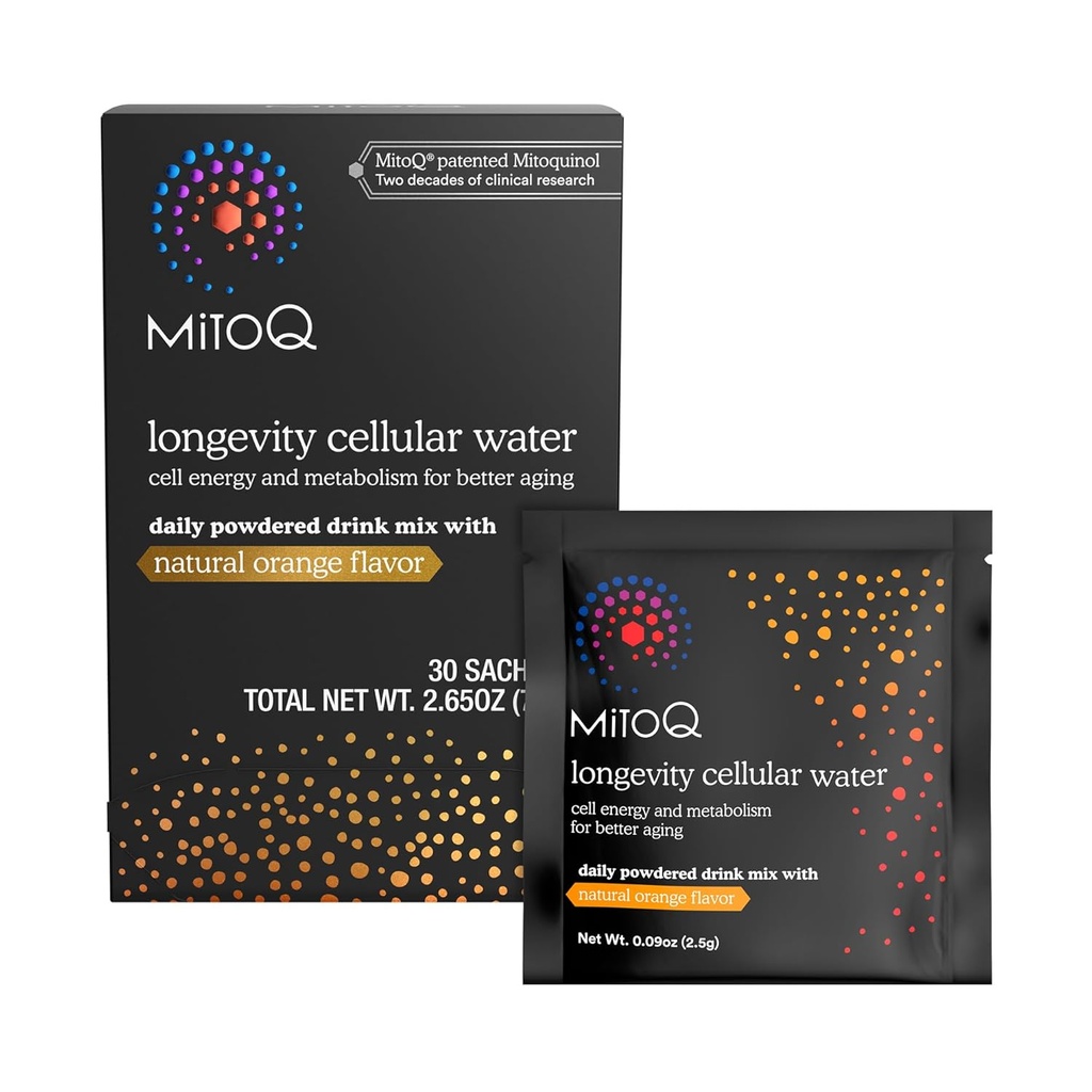 MitoQ Longevitat Cel·lular Water Daily Powdered Beuva amb una beguda natural d'Orange Flavor - Mtochondia-targetant - Energia de cel·lular i Metabolisme per a millorar l'Augurment (O, 30 paquets)