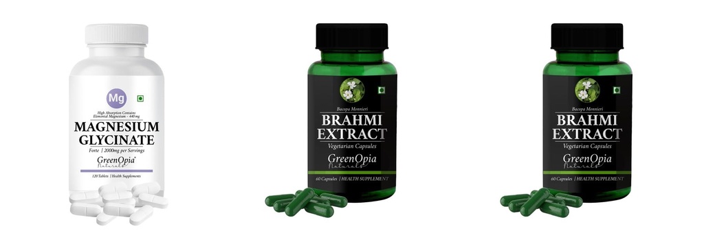 Magnesium-glycinate-forte-tablets, Brahmi-vegetarian-capsules, Brahmi-vegetarian-capsules Combo | Convenient Nutrition & Wellness Routine | Multi-Product Pack