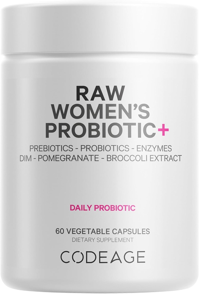 Codeage Raw Women’s Probiotic+ supplement - 34 Probiotic Strains, 100 billionion CFUs, Digestive Enzymes, Prebiotic Blend, DIM, Herbal Extracts, Phytonutrients - Non-GMO - 30 Capsules