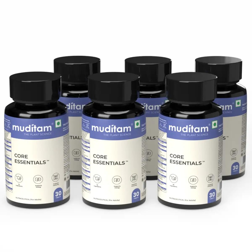 Muditam Ayurveda Core Essentials – 180 Tablets | Daily Multivitamin with Herbal & Ayurvedic Ingredients | General Wellness & Lifestyle Support | Pack of 6