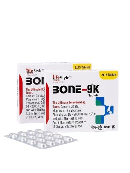 Bone-9K Tablets | Calcium Citrate, Vitamin D3, Vitamin K2-7, Magnesium Bisglycinate, Phosphorus & Zinc Nutritional Supplement | 15 Tablets per Strip | Vegetarian Formula (Pack of 2)
