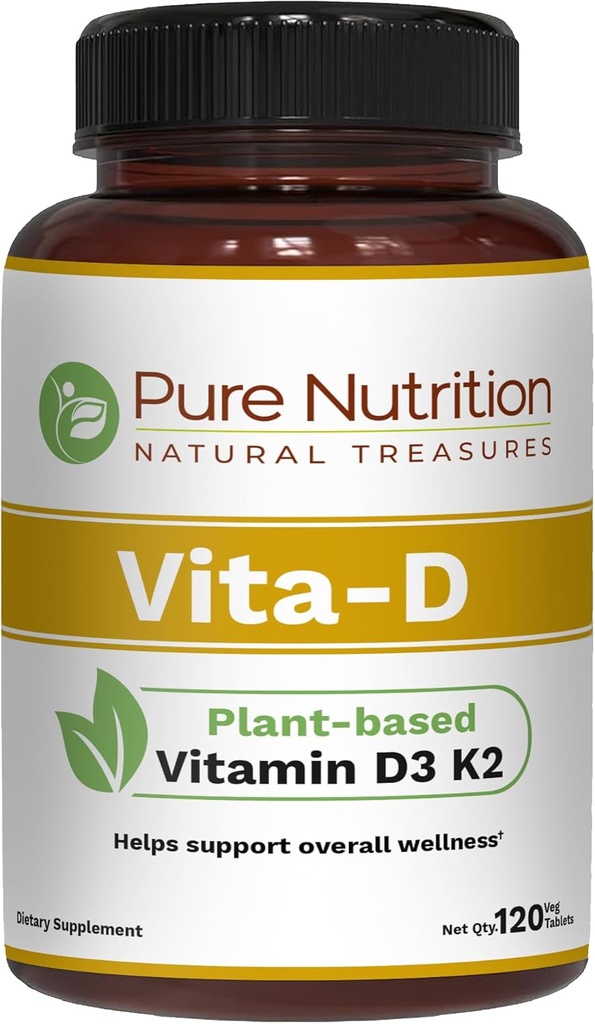 Pure Nutrition Vita D3 K2 - Витамин D3 K2 Добавка за растенията 120 Tabs - витамин D3 6000 IU - витамин K2 като MK7 100mcg - витамин K2 D3                                     .
