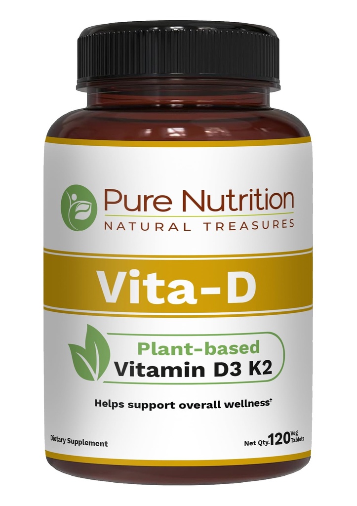Pure Nutrition Vitamin D3 K2 Supplement |120 Vegan Tablets | Plant-Based D3 6000 IU + K2 MK-7 100 mcg | Supports Bone, Immune & Heart Health | Non-GMO