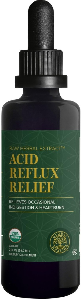 Global Healing Acid Restructure Refluef Organic Liquid Supplement W / Slippery Elm - Pomaga Upset Stomach, Heartburn, Niestrawność - Pomaga Body 's Defense Against Disestive Issues - 2 Fl oz