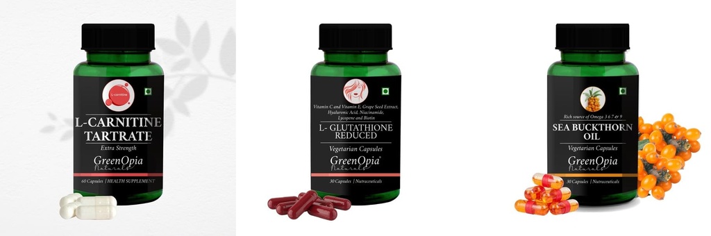 L Carnitine 1 +L Glutathione Reduced + Sea Buckthorn Oil Daily Health Pack |60 CAPSULES