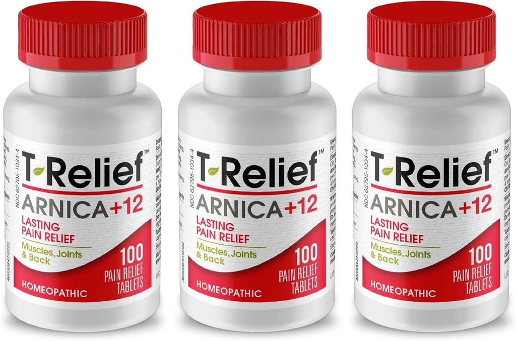 T-Relief Arnica +12 Natural Relieving Actives for Back Pain Joint Soreness Muscle Aches & Stiffness, Ganzkörper Fast Acting Relief für Frauen & Männer - 100 Tabletten (3 Pack)
