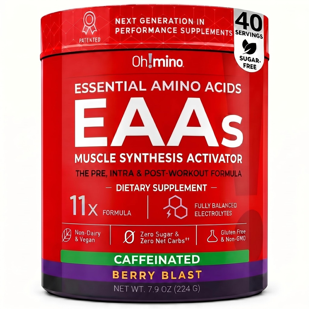 Ohmino BCAA + EAA Powder, Amino Acid Supplement, Berry, 40 Servings | All 9 Essential Amino Acids, Patented Formula, Electrolytes & Adaptogens, Muscle Recovery & Endurance, Sugar-Free