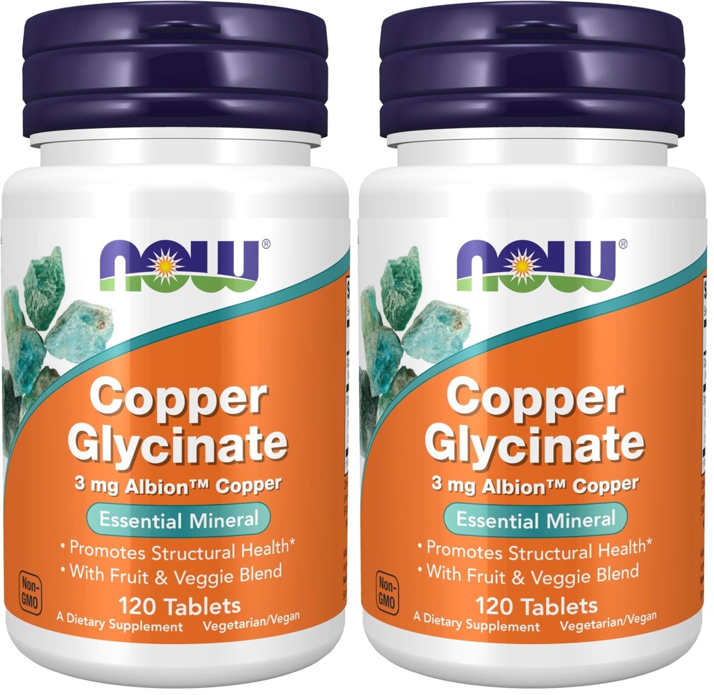 Now Foods Supplements, Copper Glycinate with 3mg Albion Copper, Promotes Structural Health*, 120 Tablets, Light Gray, Tan (Pack of 2)