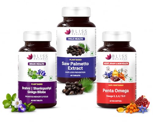 Bliss Welness Complete Wellness Combo | Veg Omega 3 5 6 7 9, Saw Palmetto & Brain Booster | Supports Heart, Brain, Hair, Skin, Joint, Memory, Focus & Prostate Wellness | Plant Based Supplement