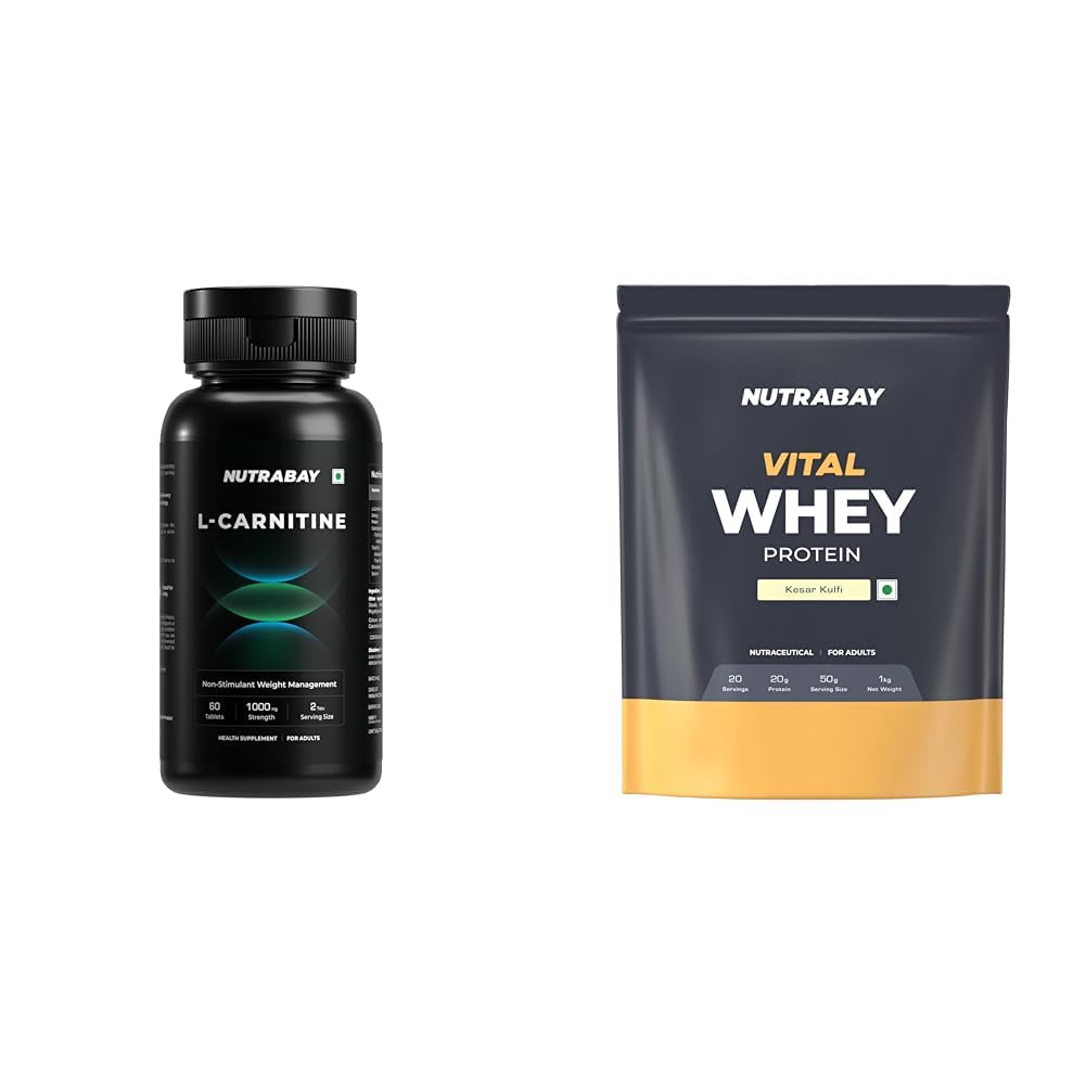 Nutrabay Pro L-Carnitine Fat Burner 1000mg per Capsule – Pre Workout Supplement – 60 Veg Tablets| | Nutrabay Gold Vital Whey Protein Powder for Beginners with Added Vitamins & Minerals – Muscle Grow