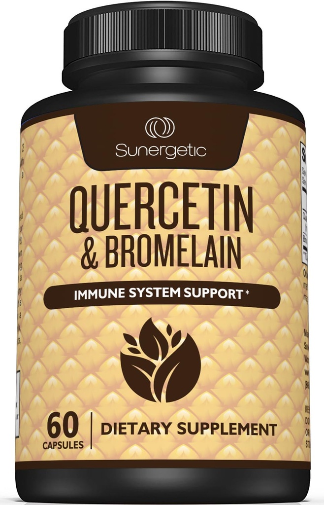 Sunergetic Premium Quercetin & Bromelain תוסף - Powerful Quercetin Bromelain Complex כדי לעזור תמיכה Immune System & Seasonal תמיכה - Quercetin 1000 מ"ג פרי - 60 קפסולות