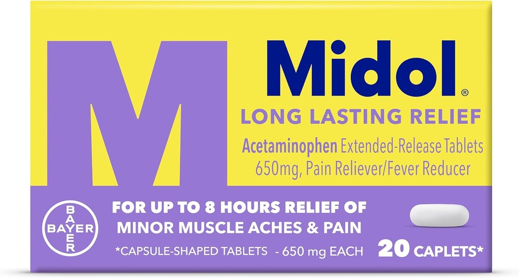 Midol Long Lasting Relief 20ct: Midol Long Lasting Relief, Menstrual Symptom Reliever & Fever Reducer, Caplets mit Acetaminophen für Menstrual Pain Relief - 20 Count (Packaging May Vary)