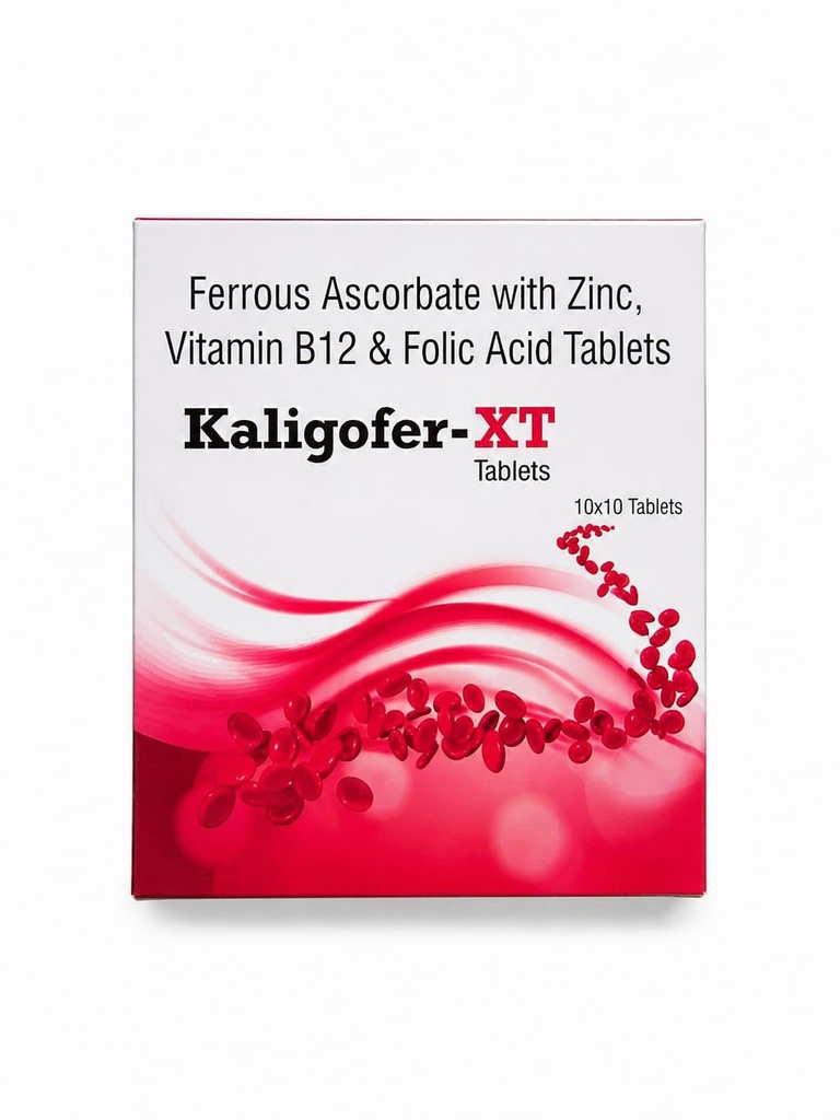 KALIGO Kaligofer-XT Ferrous Ascorbate with Zinc, Vitamin B12 & Folic Acid Tablets, Film Coated, 10 Tablets