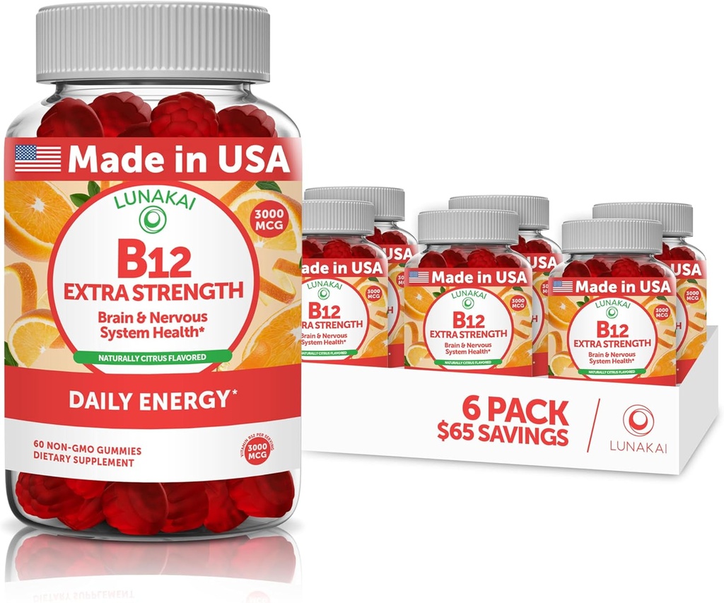 Витамин B12 Gummies for Adults - Tastiest Proprietary Formula - 3000mcg Methyl B-12 High Absorption Energy Gummies - Non-GMO Vegan Vit B12 - Chewable B 12 for Energy Support and Bone Health - 6 Pack